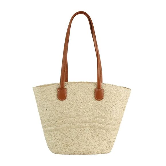 Summer Cream Woven Tote Shoulder And Tote Bag with Tan Straps - Picture 4 of 6